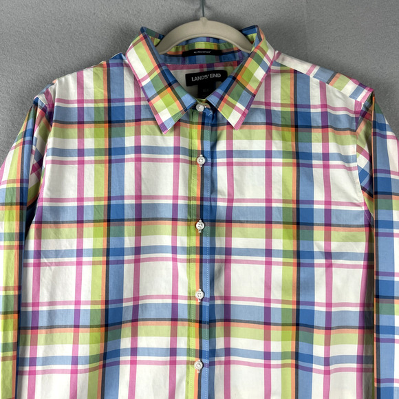 Lands End No Iron Supima Cotton Top Womens 18T Tall Plaid Button Up Long Sleeve - Picture 2 of 14